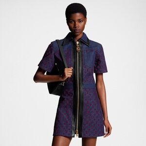 LOUIS VUITTON Denim dress with zip closure & flocked Monogram Pattern Sz 36 NEW